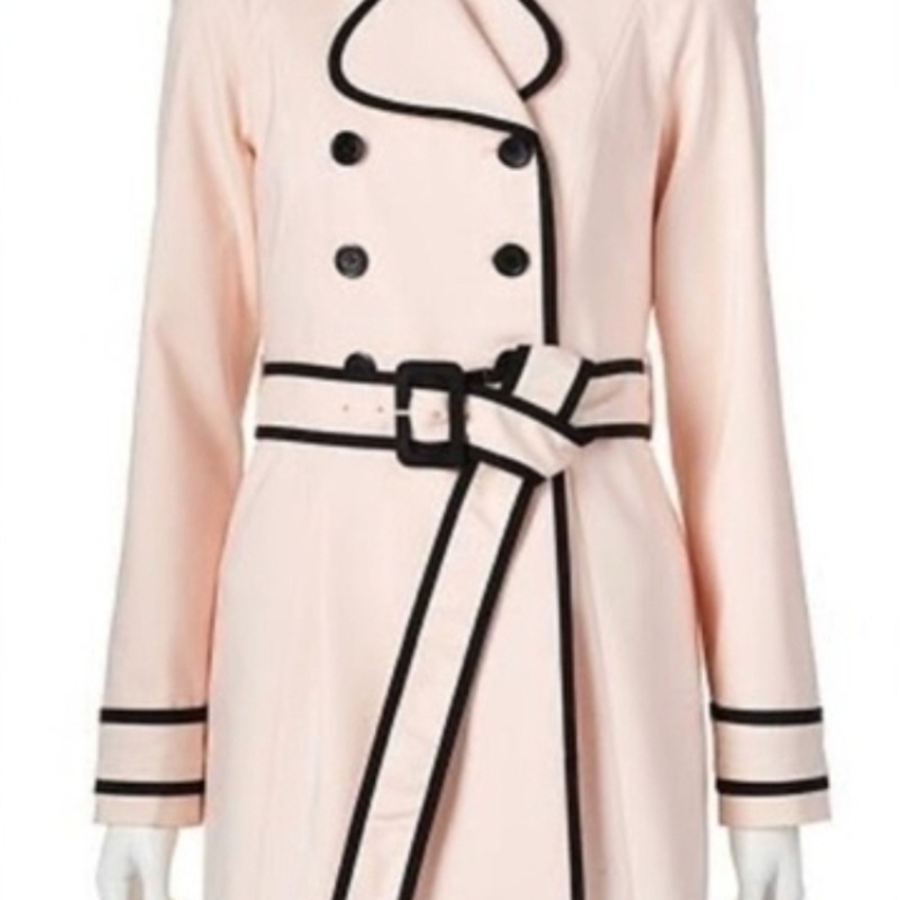 Elle Pink Trench Coat with Black Trim Like New - Picture 2 of 5
